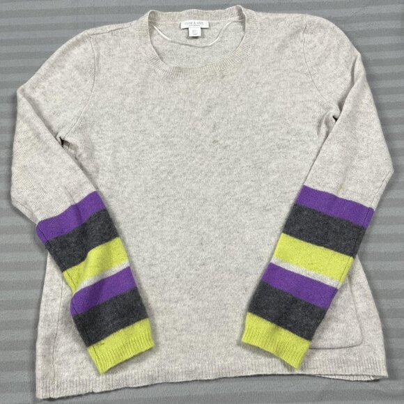 Deane & White Sweater Womens Large Oatmeal Cashmere Crewneck Stripe Sleeve Knit - Picture 1 of 9